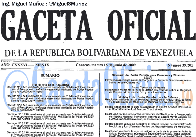 Gaceta Oficial 39201 del 16 Junio 2009
