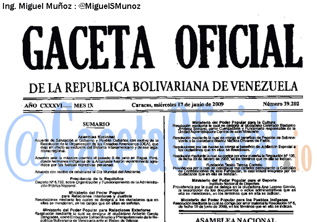 Gaceta Oficial 39202 del 17 Junio 2009