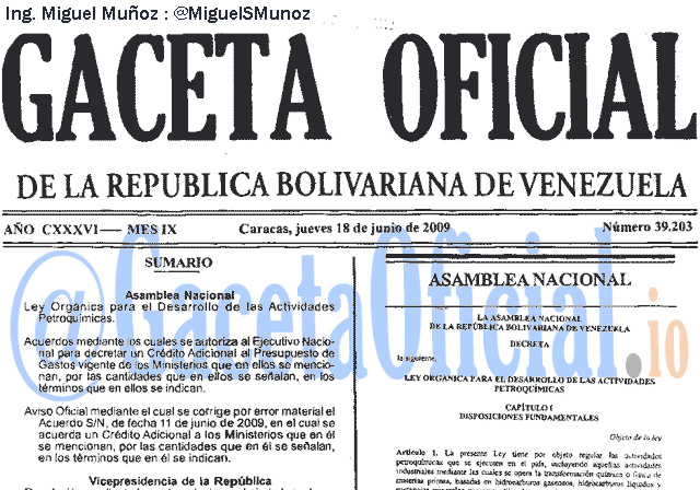 Gaceta Oficial 39203 del 18 Junio 2009