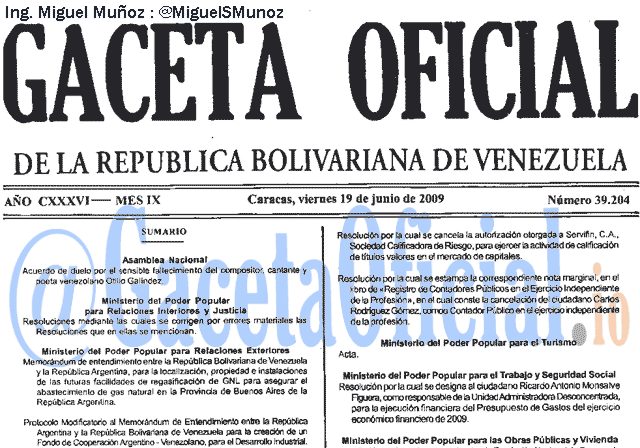 Gaceta Oficial 39204 del 19 Junio 2009