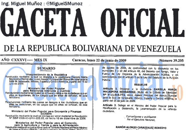 Gaceta Oficial 39205 del 22 Junio 2009