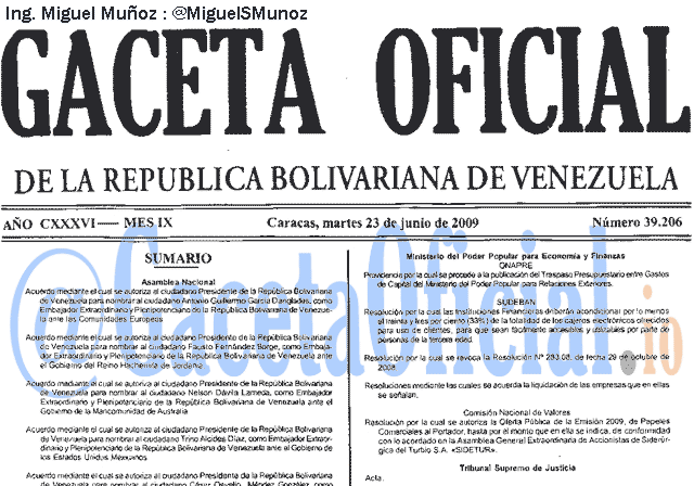 Gaceta Oficial 39206 del 23 Junio 2009