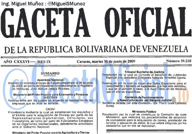 Gaceta Oficial 39210 del 30 Junio 2009
