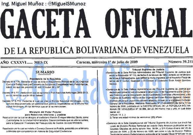 Gaceta Oficial 39211 del 1 Julio 2009