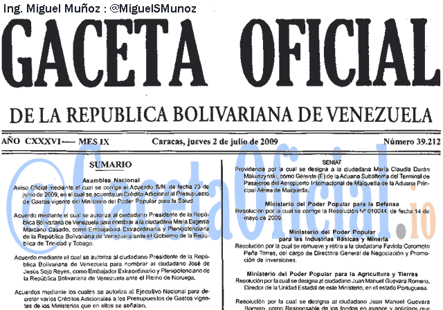 Gaceta Oficial 39212 del 2 Julio 2009