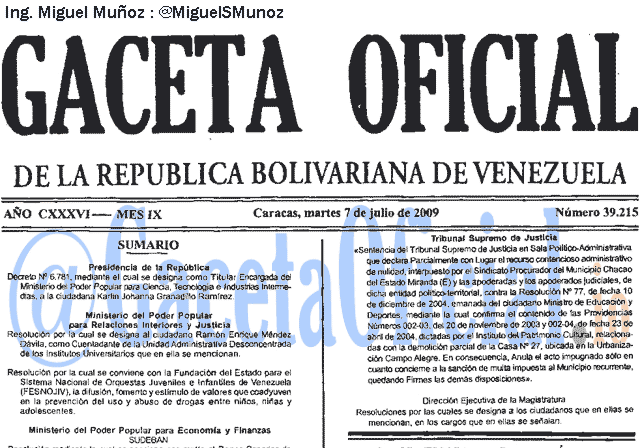 Gaceta Oficial 39215 del 7 Julio 2009