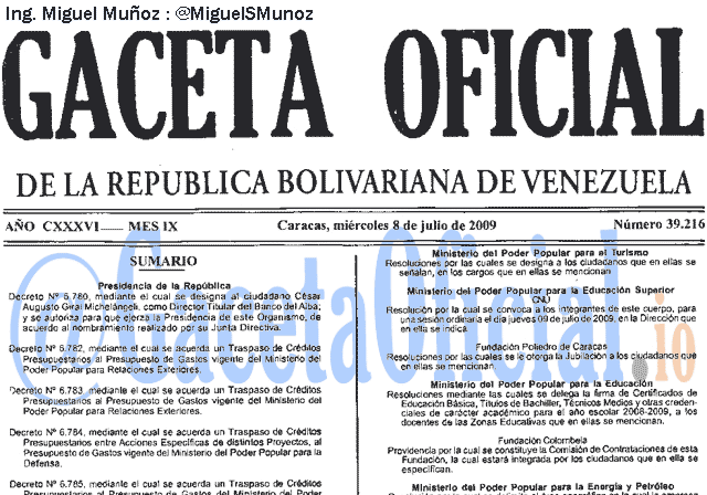 Gaceta Oficial 39216 del 8 Julio 2009