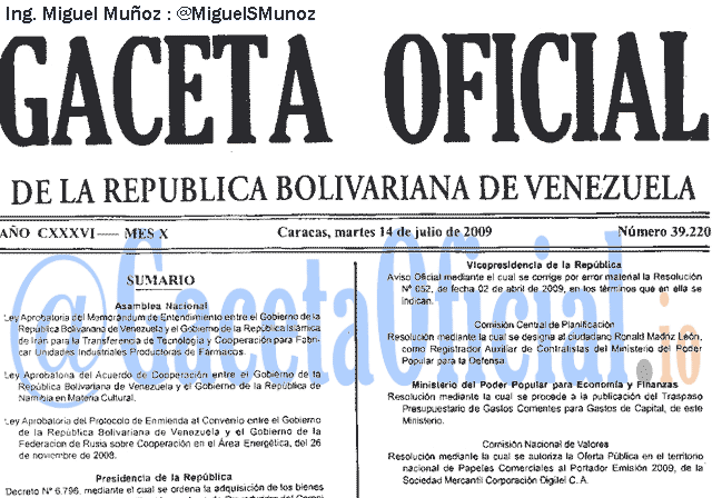 Gaceta Oficial 39220 del 14 Julio 2009