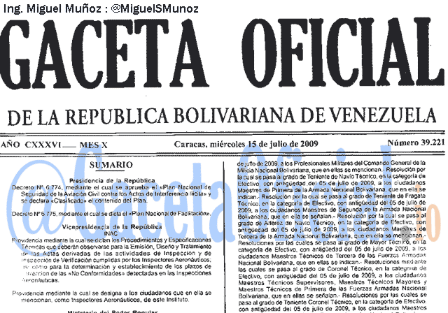 Gaceta Oficial 39221 del 15 Julio 2009