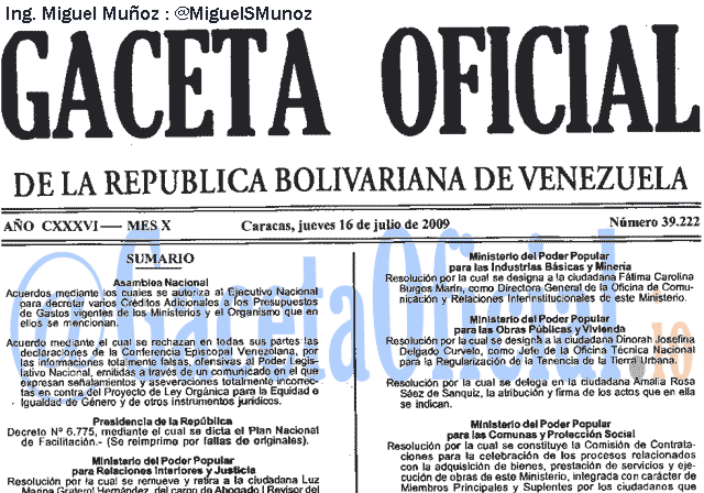 Gaceta Oficial 39222 del 16 Julio 2009
