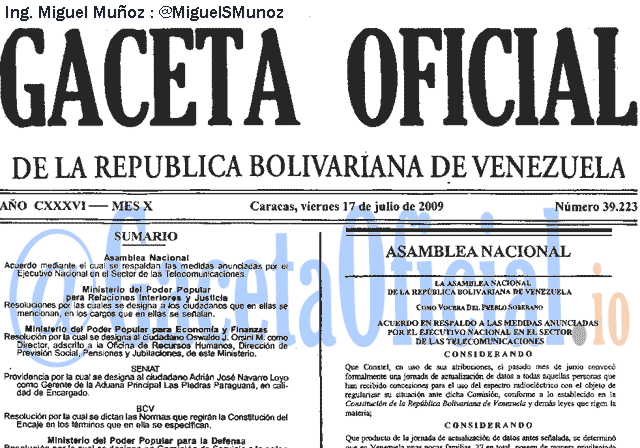 Gaceta Oficial 39223 del 17 Julio 2009