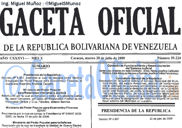 Gaceta Oficial 39224 del 20 Julio 2009