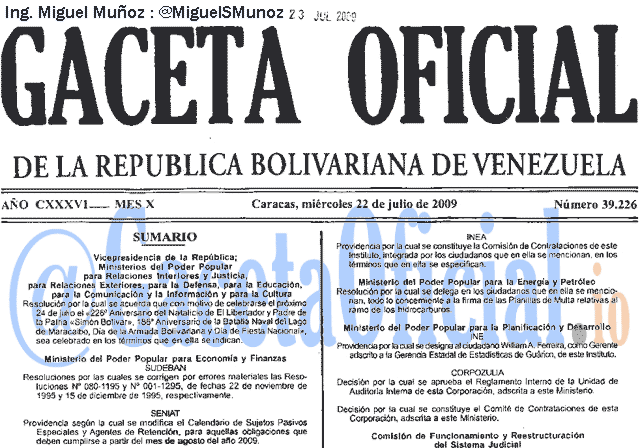 Gaceta Oficial 39226 del 22 Julio 2009