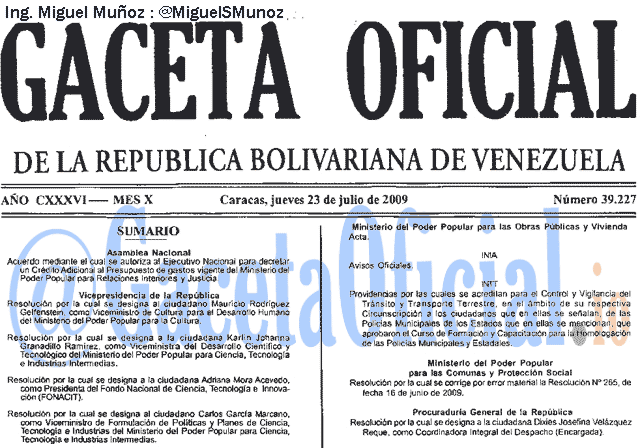 Gaceta Oficial 39227 del 23 Julio 2009