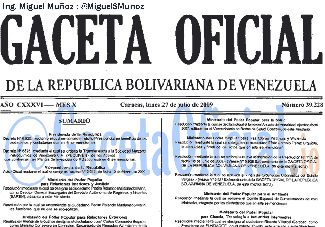 Gaceta Oficial 39228 del 27 Julio 2009