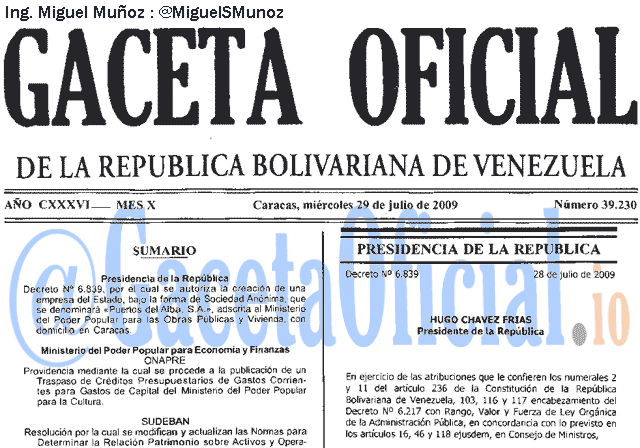 Gaceta Oficial 39230 del 29 Julio 2009