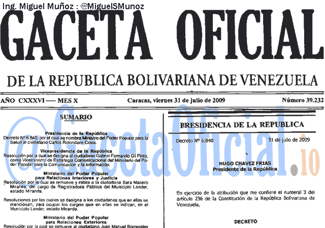 Gaceta Oficial 39232 del 31 Julio 2009