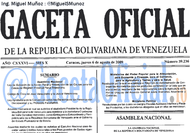 Gaceta Oficial 39236 del 6 Agosto 2009