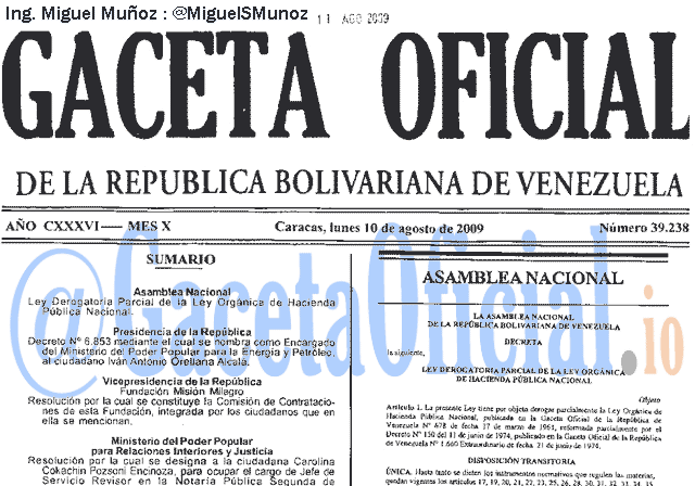 Gaceta Oficial 39238 del 10 Agosto 2009