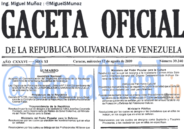 Gaceta Oficial 39240 del 12 Agosto 2009