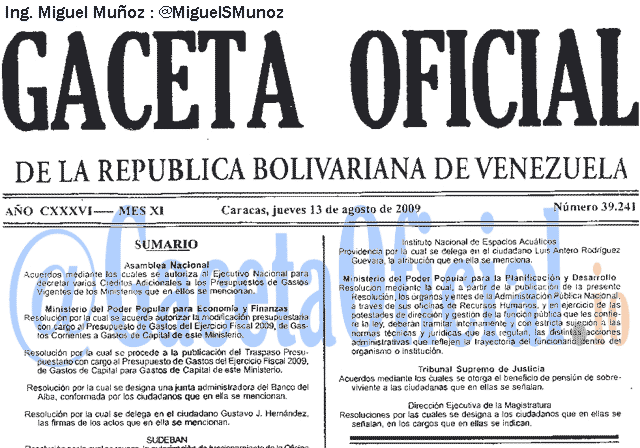 Gaceta Oficial 39241 del 13 Agosto 2009
