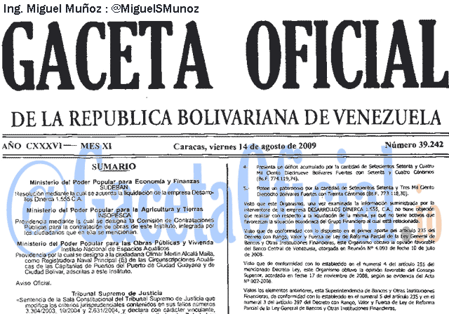 Gaceta Oficial 39242 del 14 Agosto 2009