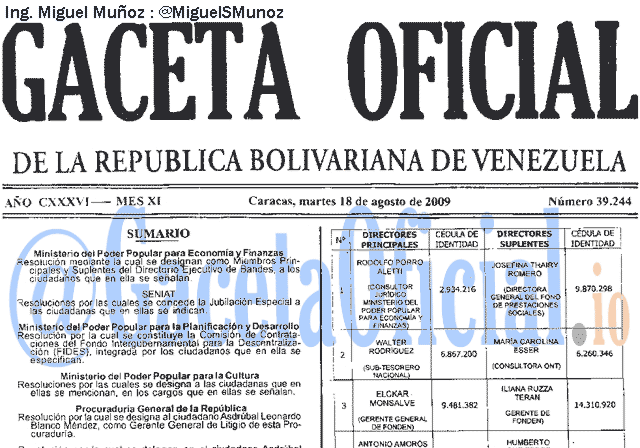 Gaceta Oficial 39244 del 18 Agosto 2009