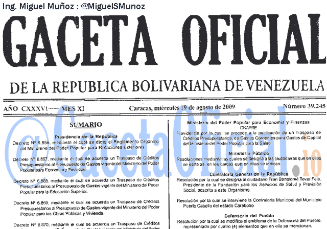 Gaceta Oficial 39245 del 19 Agosto 2009