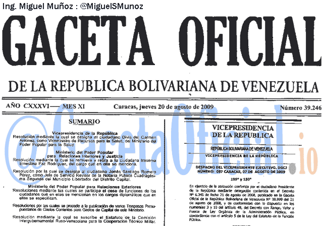 Gaceta Oficial 39246 del 20 Agosto 2009
