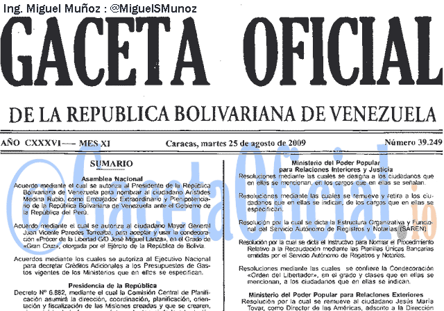 Gaceta Oficial 39249 del 25 Agosto 2009