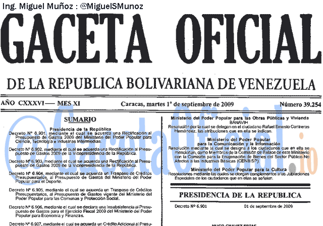 Gaceta Oficial 39254 del 1 Septiembre 2009