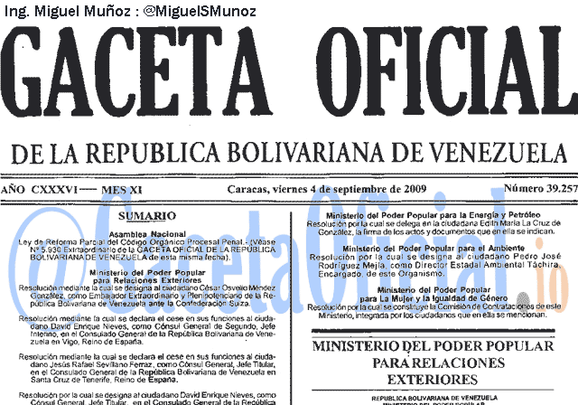 Gaceta Oficial 39257 del 4 Septiembre 2009