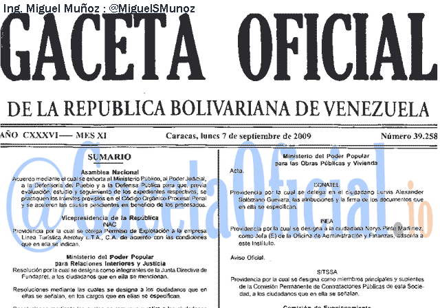 Gaceta Oficial 39258 del 7 Septiembre 2009