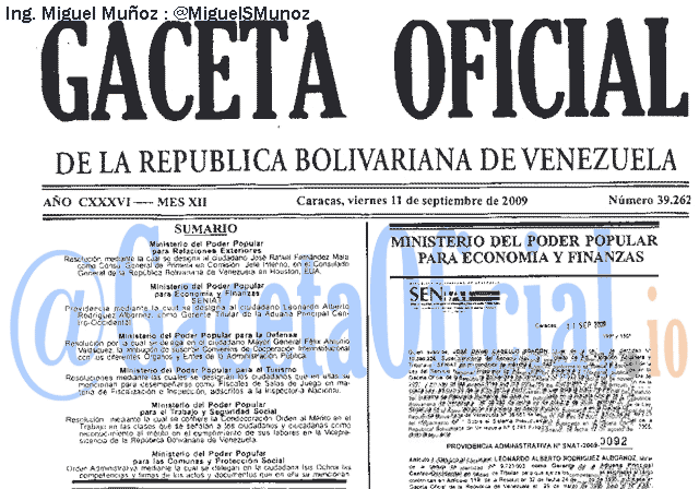 Gaceta Oficial 39262 del 11 Septiembre 2009