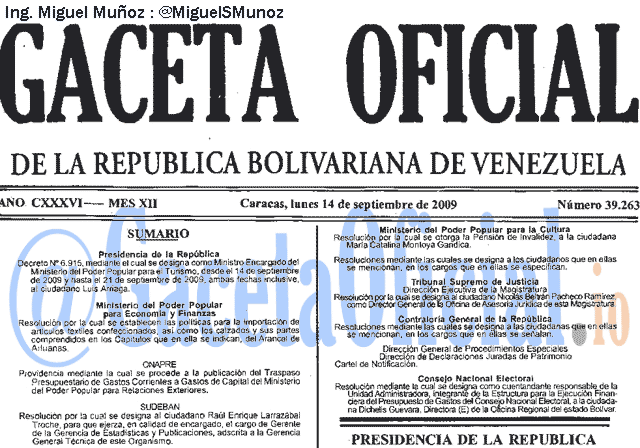 Gaceta Oficial 39263 del 14 Septiembre 2009