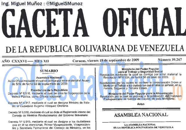 Gaceta Oficial 39267 del 18 Septiembre 2009