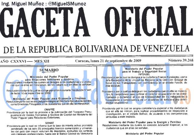 Gaceta Oficial 39268 del 21 Septiembre 2009