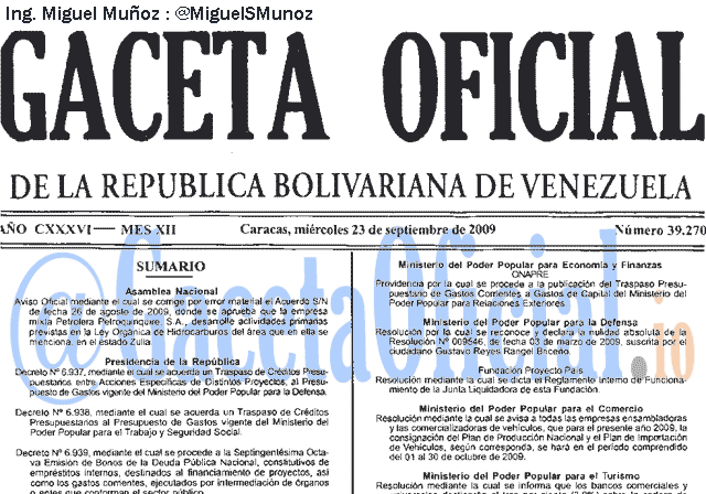 Gaceta Oficial 39270 del 23 Septiembre 2009