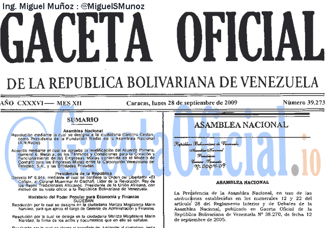 Gaceta Oficial 39273 del 28 Septiembre 2009