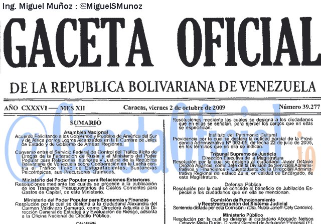 Gaceta Oficial 39277 del 2 Octubre 2009