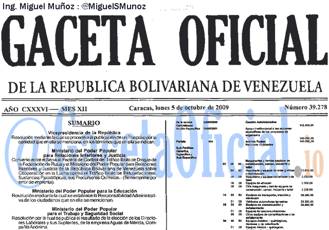 Gaceta Oficial 39278 del 5 Octubre 2009