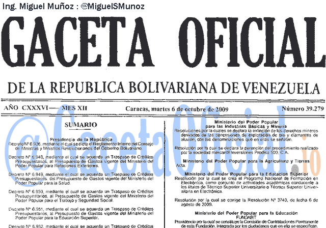 Gaceta Oficial 39279 del 6 Octubre 2009