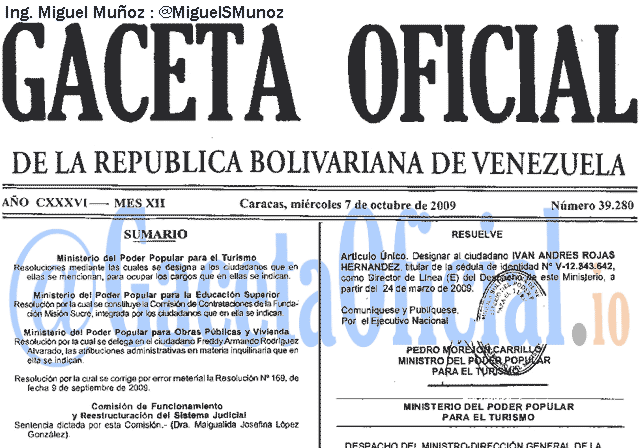 Gaceta Oficial 39280 del 7 Octubre 2009