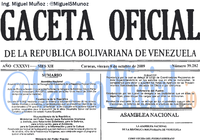 Gaceta Oficial 39282 del 9 Octubre 2009