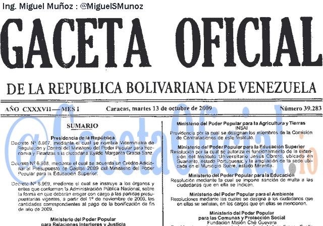 Gaceta Oficial 39283 del 13 Octubre 2009