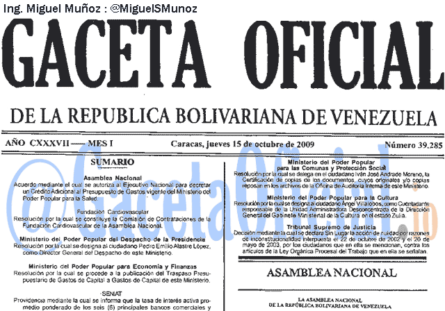 Gaceta Oficial 39285 del 15 Octubre 2009