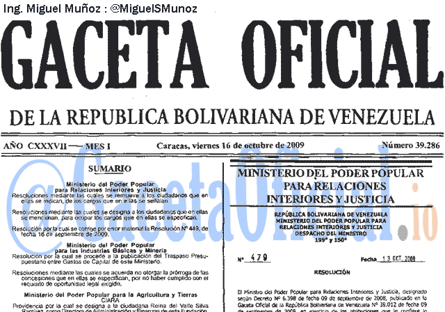 Gaceta Oficial 39286 del 16 Octubre 2009