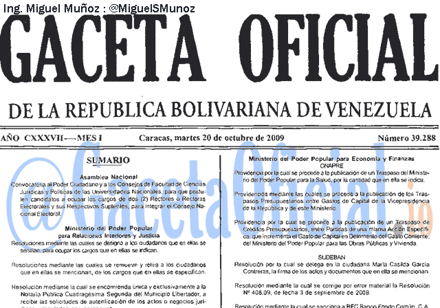 Gaceta Oficial 39288 del 20 Octubre 2009