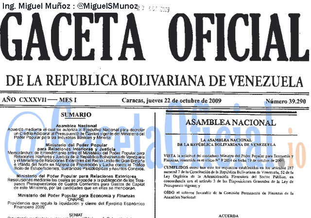 Gaceta Oficial 39290 del 22 Octubre 2009