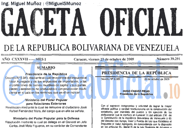 Gaceta Oficial 39291 del 23 Octubre 2009